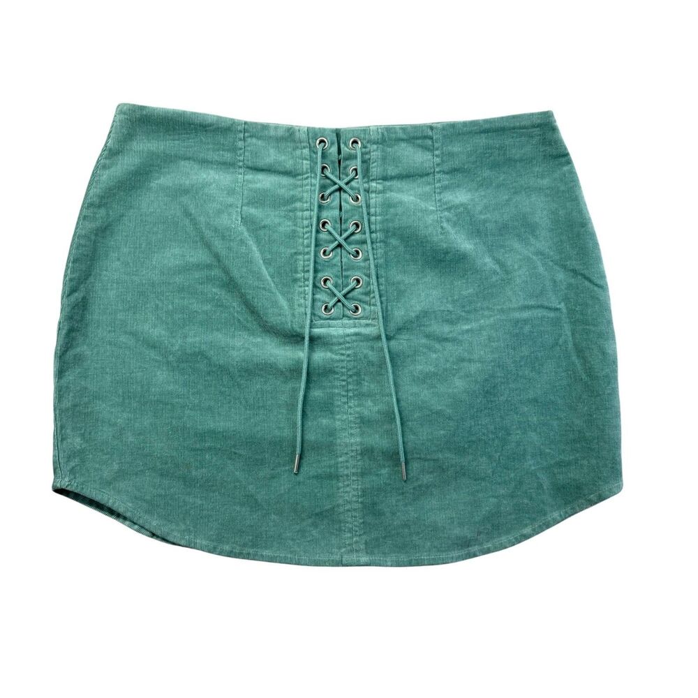 Forever 21 Skirt Women's Large Green Corduroy Front Lace Stretch Mini Preppy Y2K